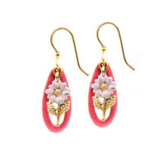 Pink Flowers and Open Teardrops Dangle Earrings