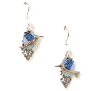 Silver Forest Blue-winged Hummingbird Dangle Earrings