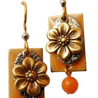 Goldtone Flower with Orange Bead Dangle Earrings