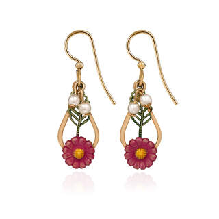 Pink Flower on Open Teardrop Dangle Earrings