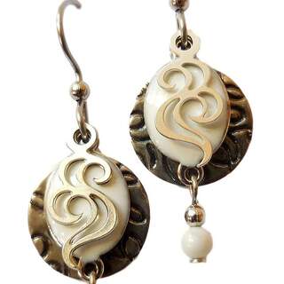 Silvertone Embossed Disc with White Enameled layer & bead Dangle Earrings