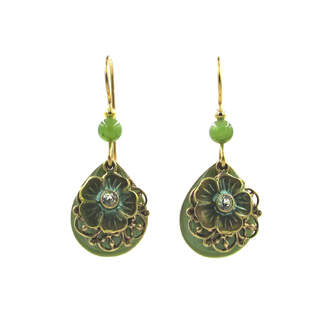 Green Flower on Teardrop Dangle Earrings