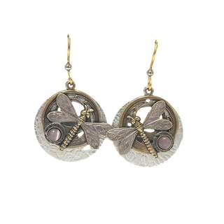 Dragonfly on Circle Lavender Pearlized Stone Dangle Earrings