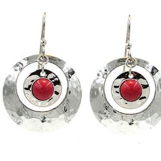 Silver Forest Large Silvertone Hammered Hoops with Red Stone Dangle Earrings