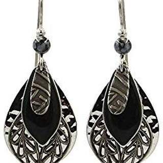 Silvertone Teardrops and Filigree with Black Football Shapes Dangle Earrings