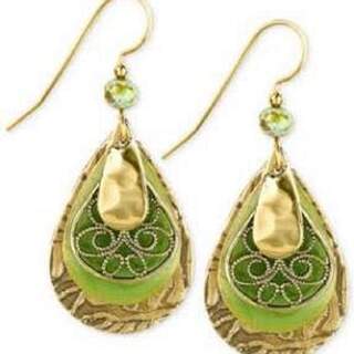 Large Goldtone and Green Teardrop Dangle Earrings