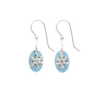Snowflake on Blue Oval Dangle Earrings
