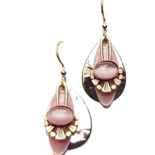 Silvertone Ovals & Pink Pearlized Stone Dangle Earrings