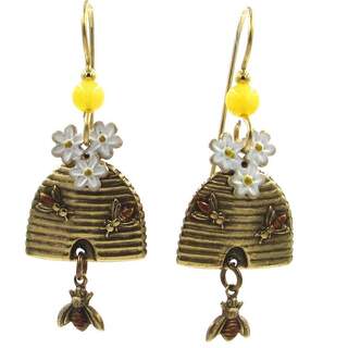 Bees Beehive and Flowers Dangle Earrings