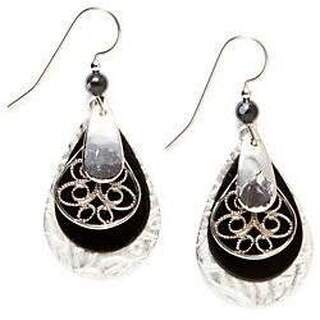 Large Silvertone and Black Teardrop Dangle Earrings