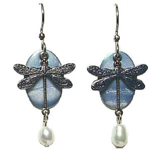 Blue Winged Dragonfly on Blue Oval Dangle Earrings