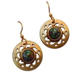 Pierced Goldtone Discs with Center Stone Dangle Earrings