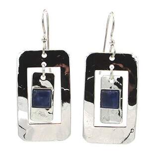 Silvertone Rectangles with Center Bead Dangle Earrings