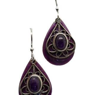 Silver Forest Purple Enameled Teardrops & Bead Dangle Earrings