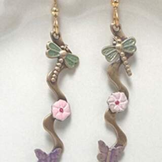 Dragonfly Butterfly Flower Dangle Earrings